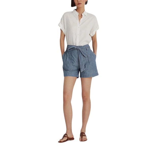 Lauren Ralph Lauren Belted Cotton Chambray Shorts 4.5" Inseam Classy NEW Size 16 - Picture 4 of 7